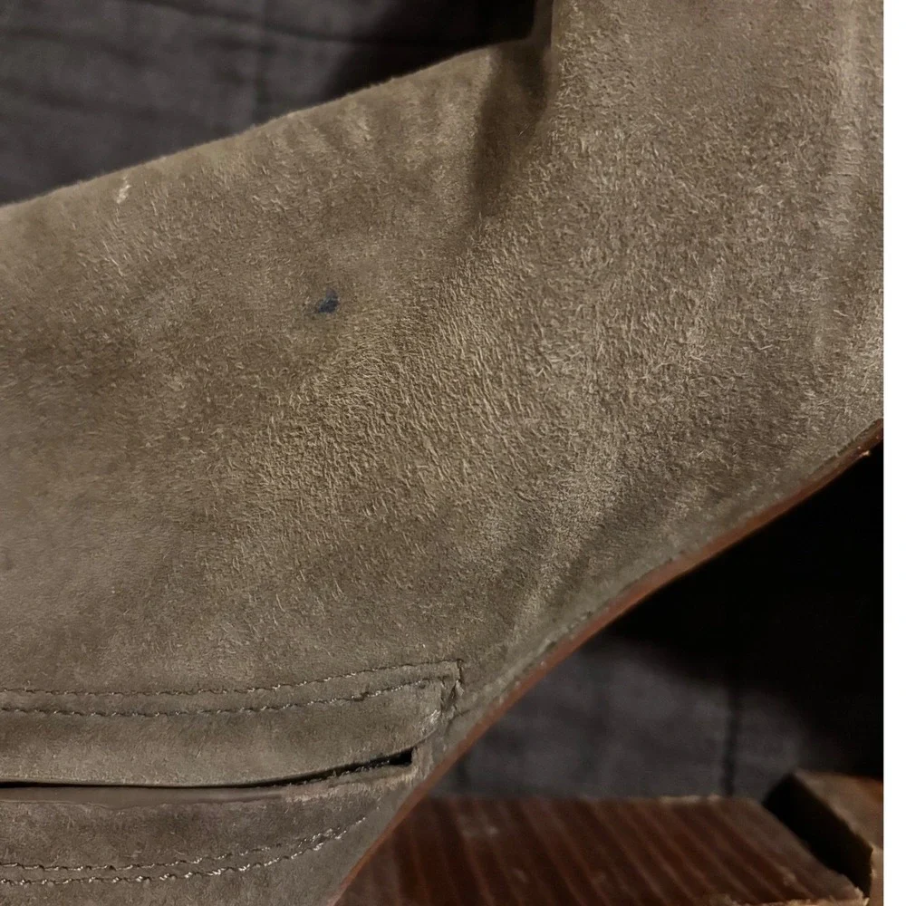 Tory‎ Burch Suede Leather Heeled Ankle Booties Wooden Heel Olive Taupe